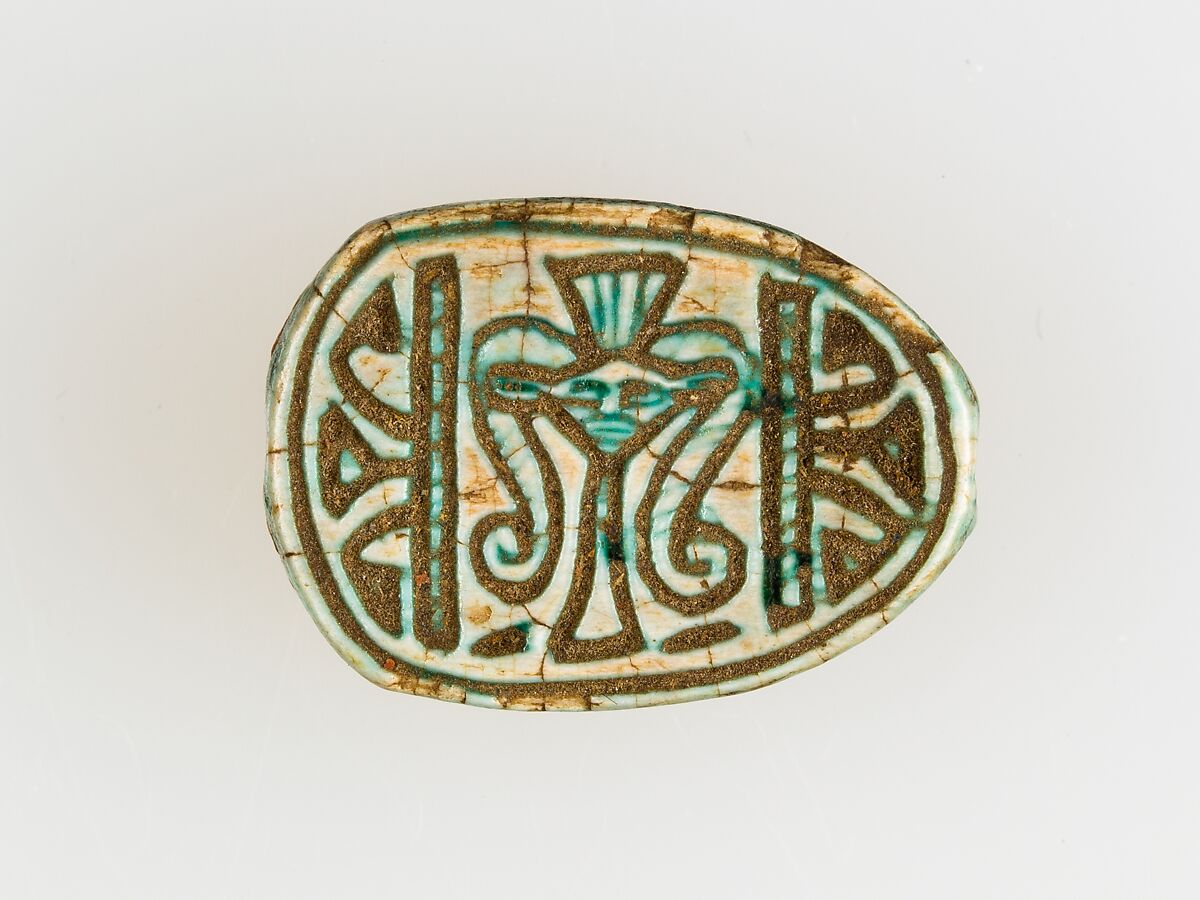 Scarab with Hathor emblem, Faience 