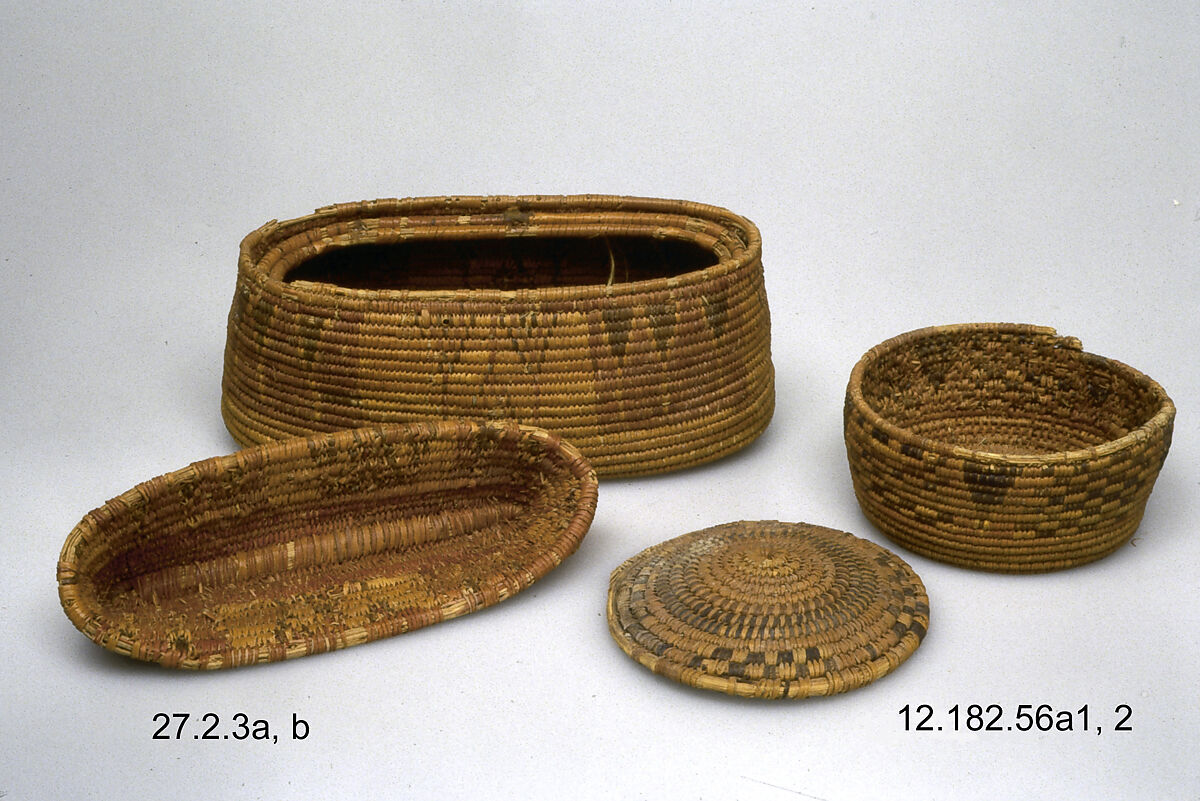 Cylindrical Basket and Lid, Palm fiber, split reed (?) 