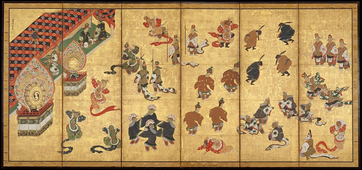 Bugaku Dancers, Kano Yasunobu (Japanese, 1614–1685), Six-panel screen; ink, color, and gold on gilded paper, Japan 