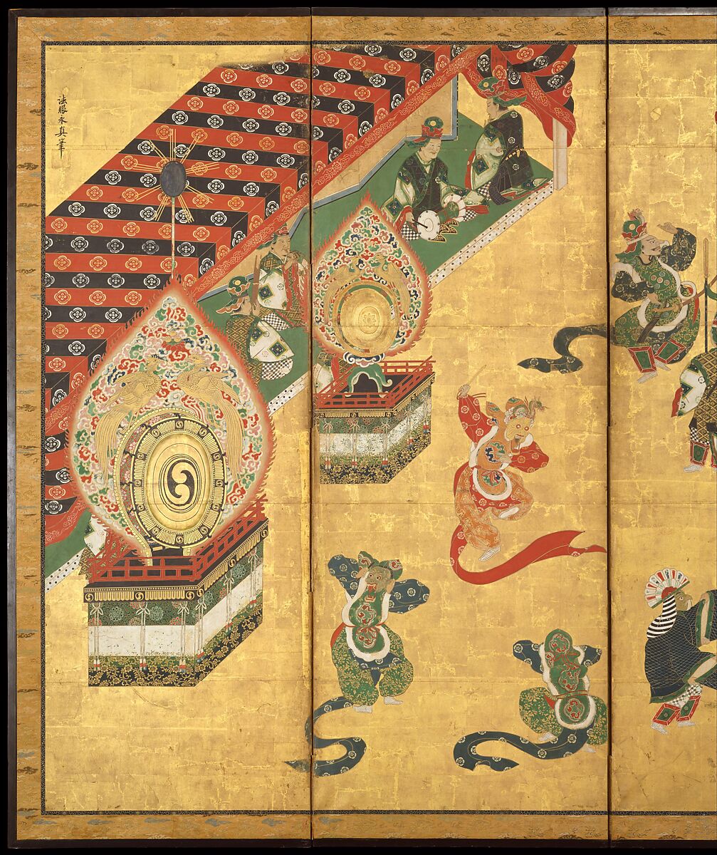 Bugaku Dancers, Kano Yasunobu (Japanese, 1614–1685), Six-panel screen; ink, color, and gold on gilded paper, Japan