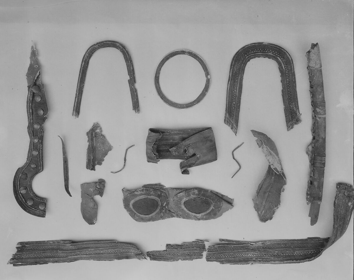 Harness Fragments from a Chariot of Amenhotep III, Leather (goatskin), dye, gold leaf