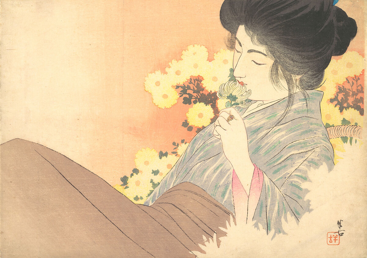 White Chrysanthemums (kiku no kaori, Kajita Hanko (Japanese, 1870–1917), Frontispiece; woodblock print; ink and color on paper, Japan 