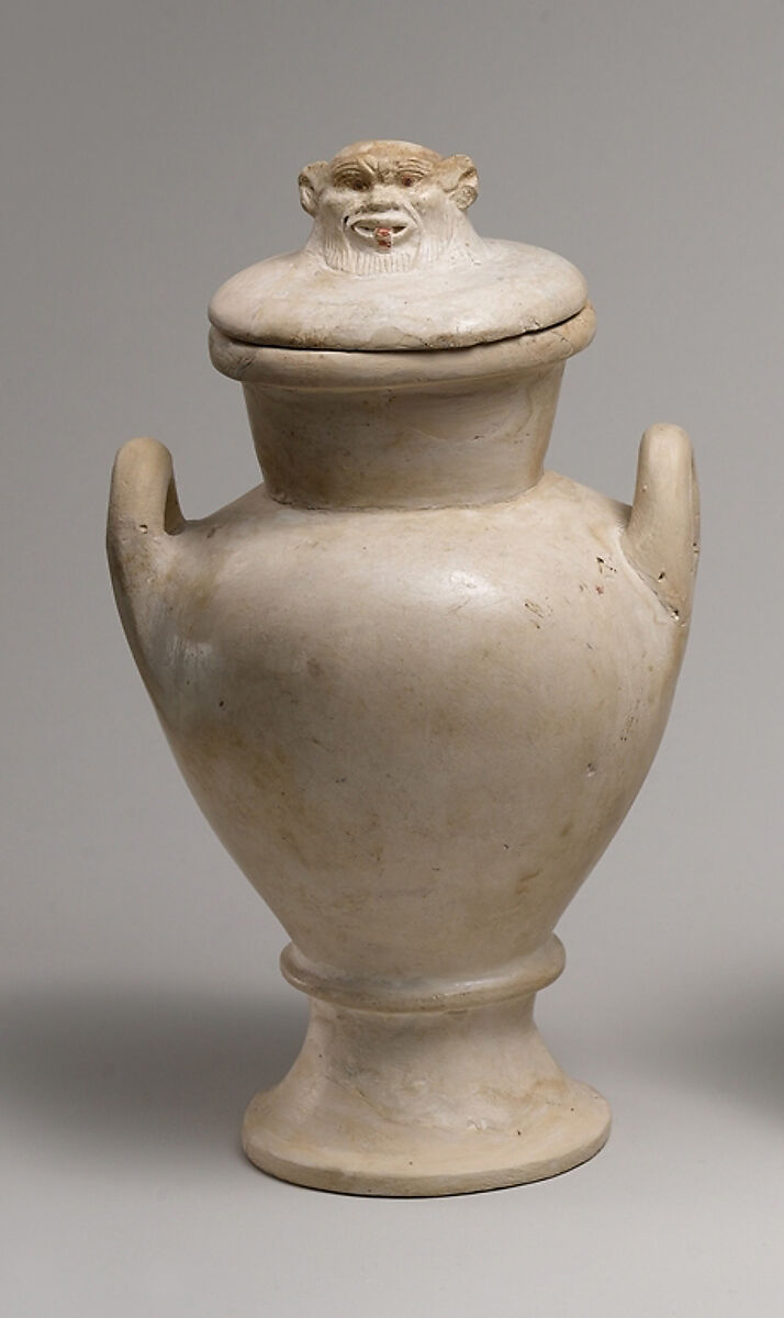 Two Handled Jar and Lid with the Head of Bes, Limestone, paint 