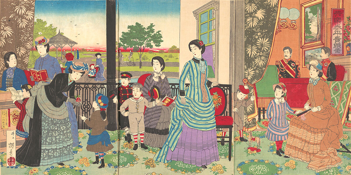 Peaceful Pleasures of the Highest Nobility (Kyōraku taihei kiken zu), Inoue Yasuji (Japanese, 1864–1889), Triptych of woodblock prints (nishiki-e); ink and color on paper, Japan 