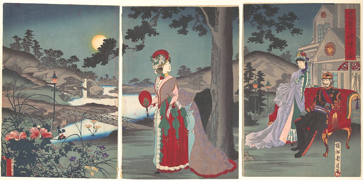Nobility in the Evening Cool (Koki nōryō no zu), Yōshū (Hashimoto) Chikanobu (Japanese, 1838–1912), Triptych of woodblock prints; ink and color on paper, Japan 