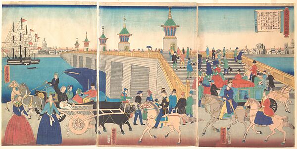 Illustration of London in England (Igirisukoku rondon zu), Utagawa Yoshitora (Japanese, active ca. 1850–80), Triptych of woodblock prints; ink and color on paper, Japan 