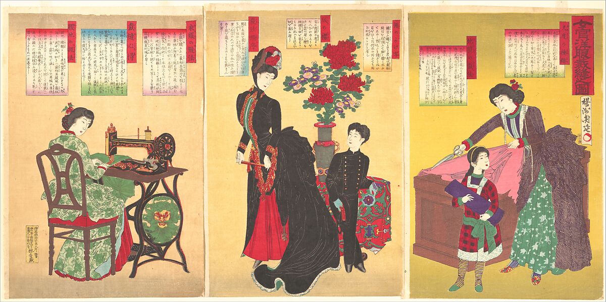 Court Ladies Sewing Western Clothing  (Jokan yōfuku saihō no zu), Yōshū (Hashimoto) Chikanobu  Japanese, Triptych of woodblock prints (nishiki-e); ink and color on paper, Japan