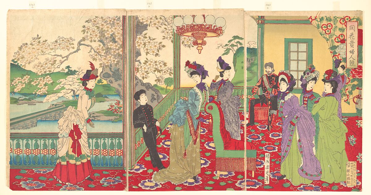A Contest of Elegant Ladies among the Cherry Blossoms (Kaika kifujin kisoi), Yōshū (Hashimoto) Chikanobu (Japanese, 1838–1912), Triptych of woodblock prints (nishiki-e); ink and color on paper, Japan 