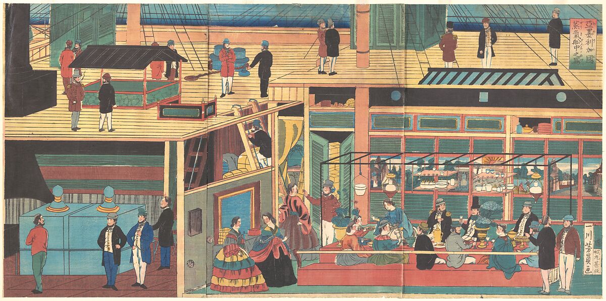 View Inside an American Steamship, Utagawa Yoshikazu (Japanese, active ca. 1850–70), Triptych of woodblock prints; ink and color on paper, Japan 