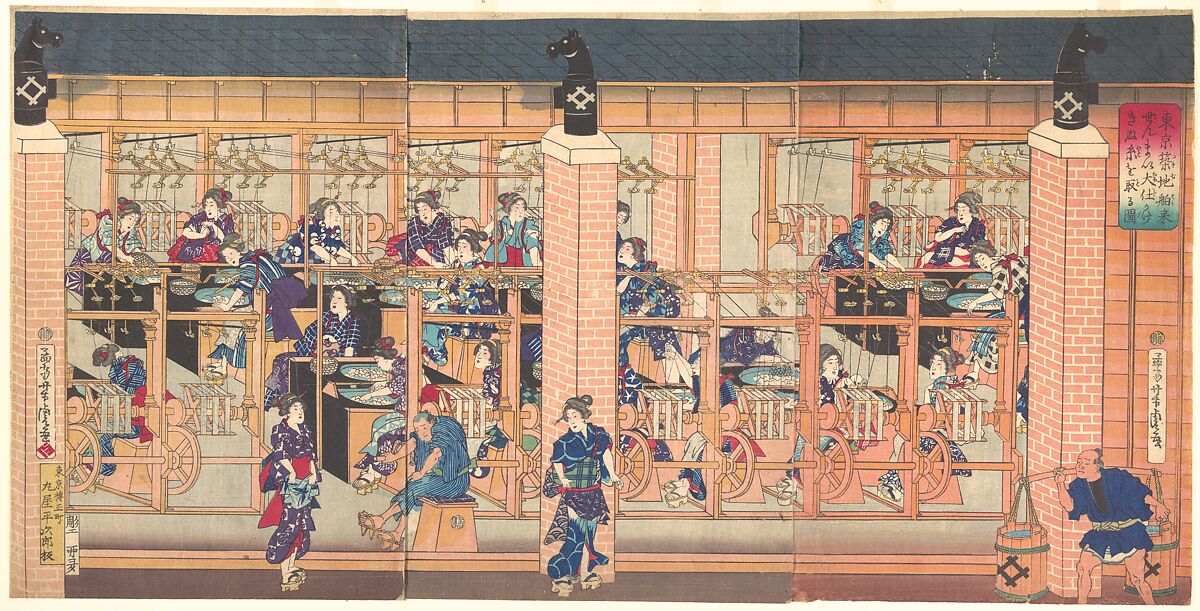 Imported Silk Reeling Machine at Tsukiji in Tokyo, Utagawa Yoshitora (Japanese, active ca. 1850–80), Triptych of woodblock prints; ink and color on paper, Japan 