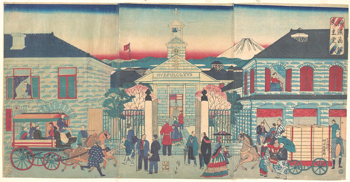 Illustration of Foreign Residences and the Catholic Church in Yokohama (Yokohama shōkan tenshudō no zu), Utagawa Hiroshige III (Japanese, 1843–1894), Triptych of woodblock prints; ink and color on paper, Japan 