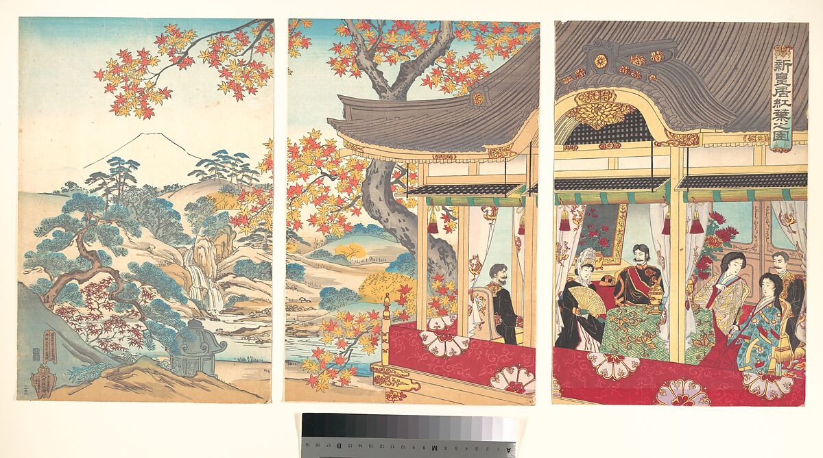 Autumn foliage at the New Imperial Palace, Unidentified artist, Triptych of woodblock prints; ink and color on paper, Japan 