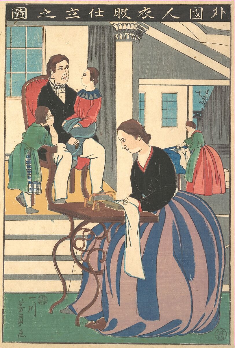 Picture of a Foreigner Making Clothes, Utagawa Yoshikazu (Japanese, active ca. 1850–70), Woodblock print; ink and color on paper, Japan 