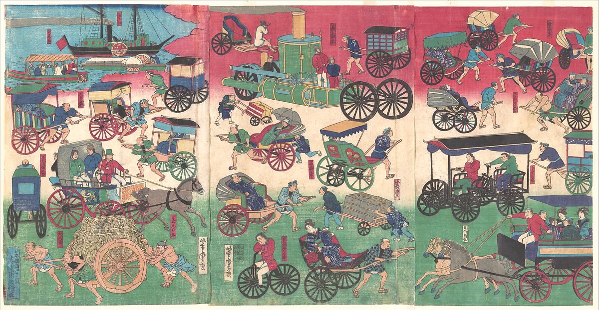 Vehicles on the Streets of Tokyo, Utagawa Yoshitora (Japanese, active ca. 1850–80), Triptych of woodblock prints; ink and color on paper, Japan 