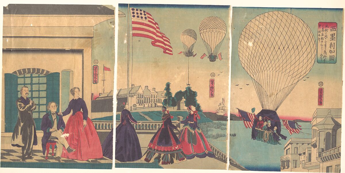 American Balloon Ascension (Amerikakoku), Utagawa Yoshitora (Japanese, active ca. 1850–80), Woodblock print; ink and color on paper, Japan 