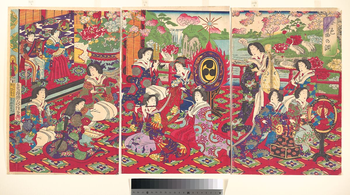 Spring Scenery; Melody of a Musical Performance, Utagawa Fusatane (Japanese, active ca. 1849–80), Triptych of woodblock prints; ink and color on paper, Japan 
