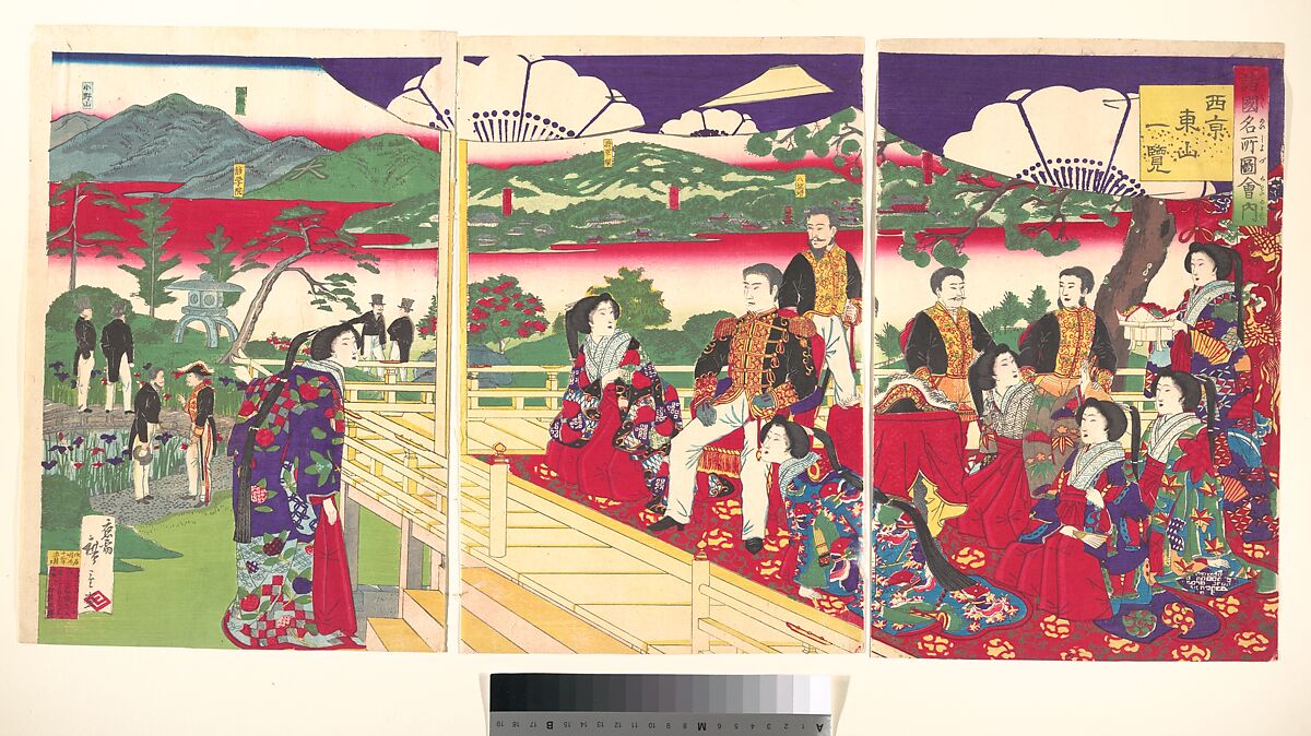 A Glimpse of Higayashiyama the Western Capital, from the series Famous Places in the Nation (Shokoku meisho zukai no uchi-Saikyō Higashiyama ichiran), Utagawa Hiroshige III (Japanese, 1843–1894), Triptych of woodblock prints; ink and color on paper, Japan 