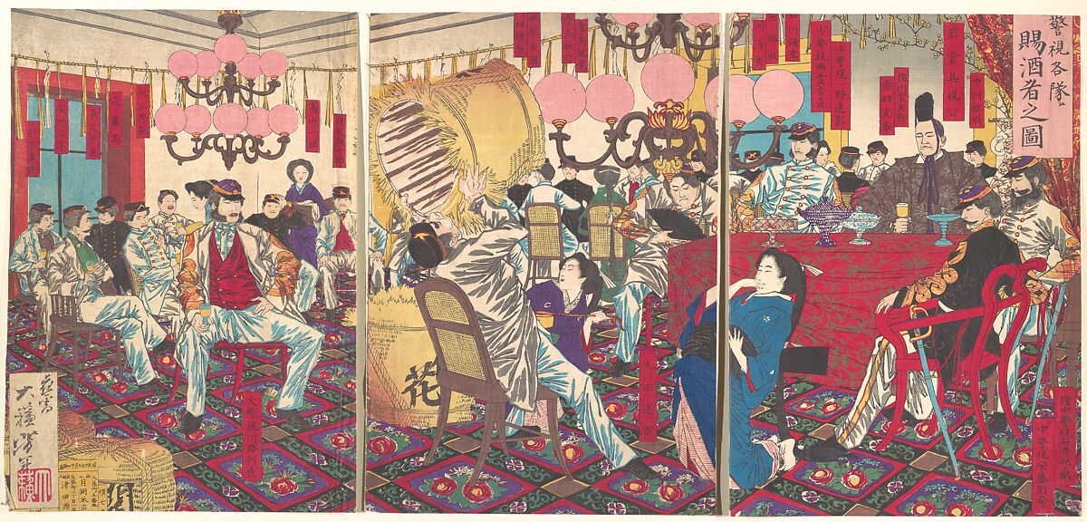 Police Superintendant's Party: A Gift of Food and Drink, Tsukioka Yoshitoshi (Japanese, 1839–1892), Woodblock print; ink and color on paper, Japan 