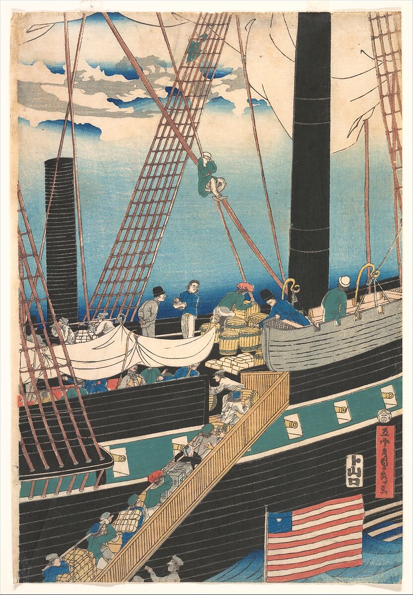 Yokohama Trade: Picture of Westerners Shipping Cargo, Utagawa (Gountei) Sadahide (Japanese, 1807–1873), Oban pentaptych of woodblock prints; ink and color on paper, Japan
