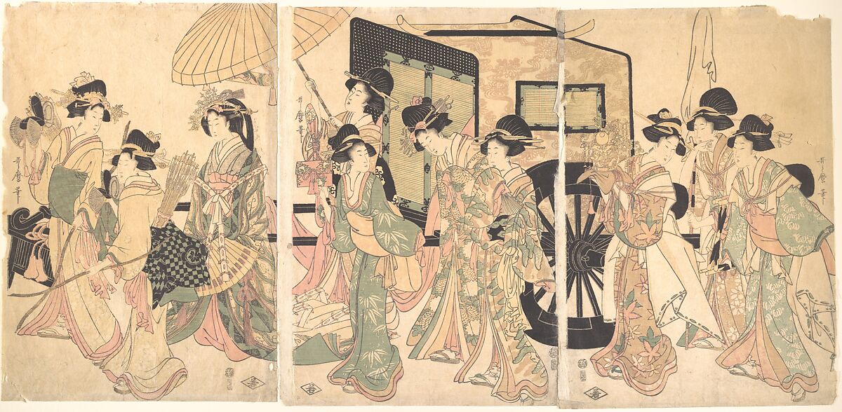 Ladies Surrounding a Cart, Utamaro II (Japanese (died 1831?)), Triptych of woodblock prints; ink and color on paper, Japan 