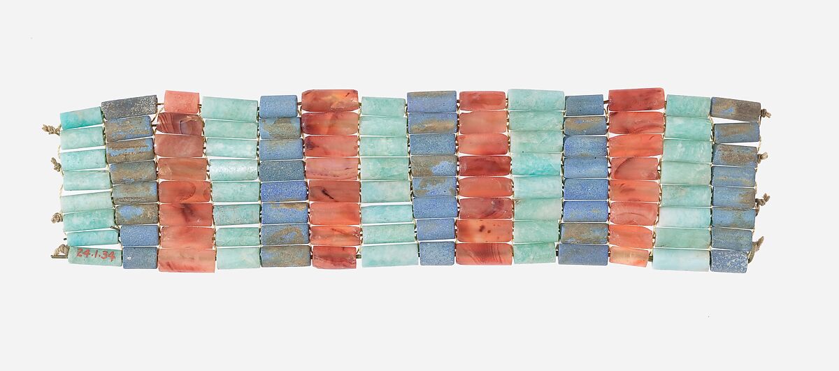 Bracelet of cylindrical beads, Carnelian, feldspar, blue paste 