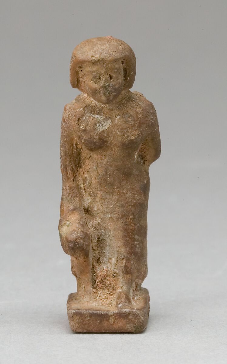 Woman Carrying a Child on Her Back and Leading an Animal, Red faience 