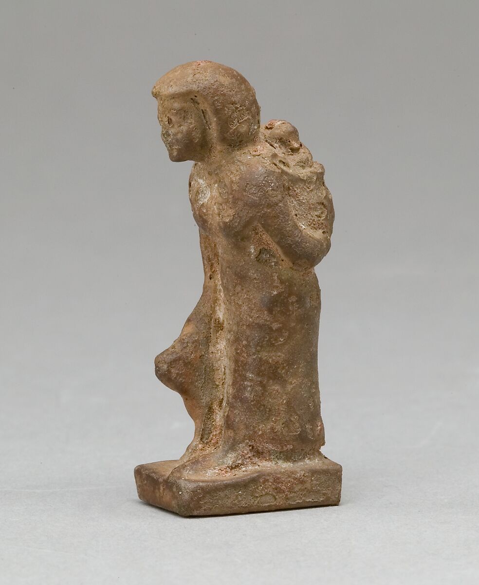 Woman Carrying a Child on Her Back and Leading an Animal, Red faience