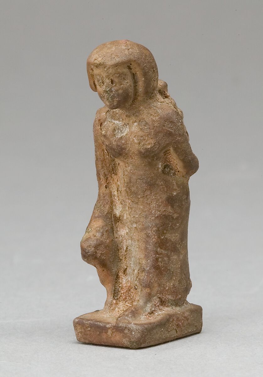 Woman Carrying a Child on Her Back and Leading an Animal, Red faience