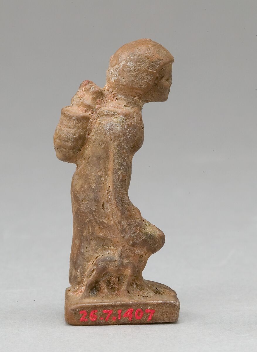 Woman Carrying a Child on Her Back and Leading an Animal, Red faience