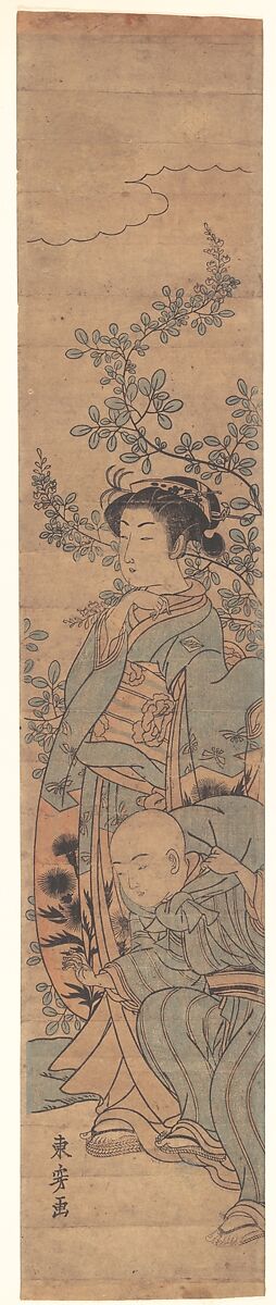 A Young Lady and Her Boy Servant, Tosen (Japanese, active ca. 1770), Woodblock print; ink and color on paper, Japan 