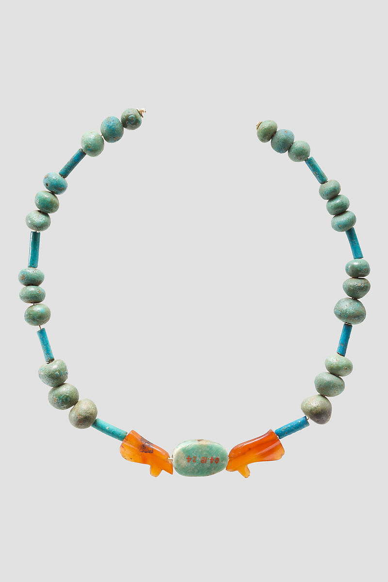 String of Beads and Amulets, Egyptian Blue, faience, carnelian, feldspar
