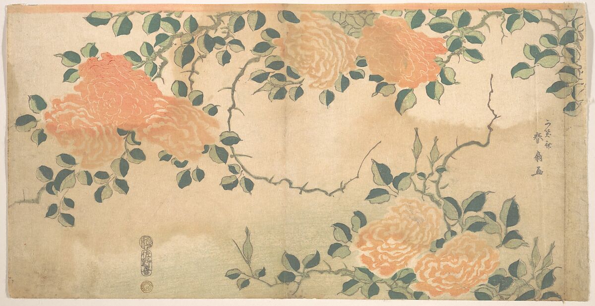 Roses, Kashosai Shunsen (Japanese, died after 1830), Woodblock print; ink and color on paper, Japan 