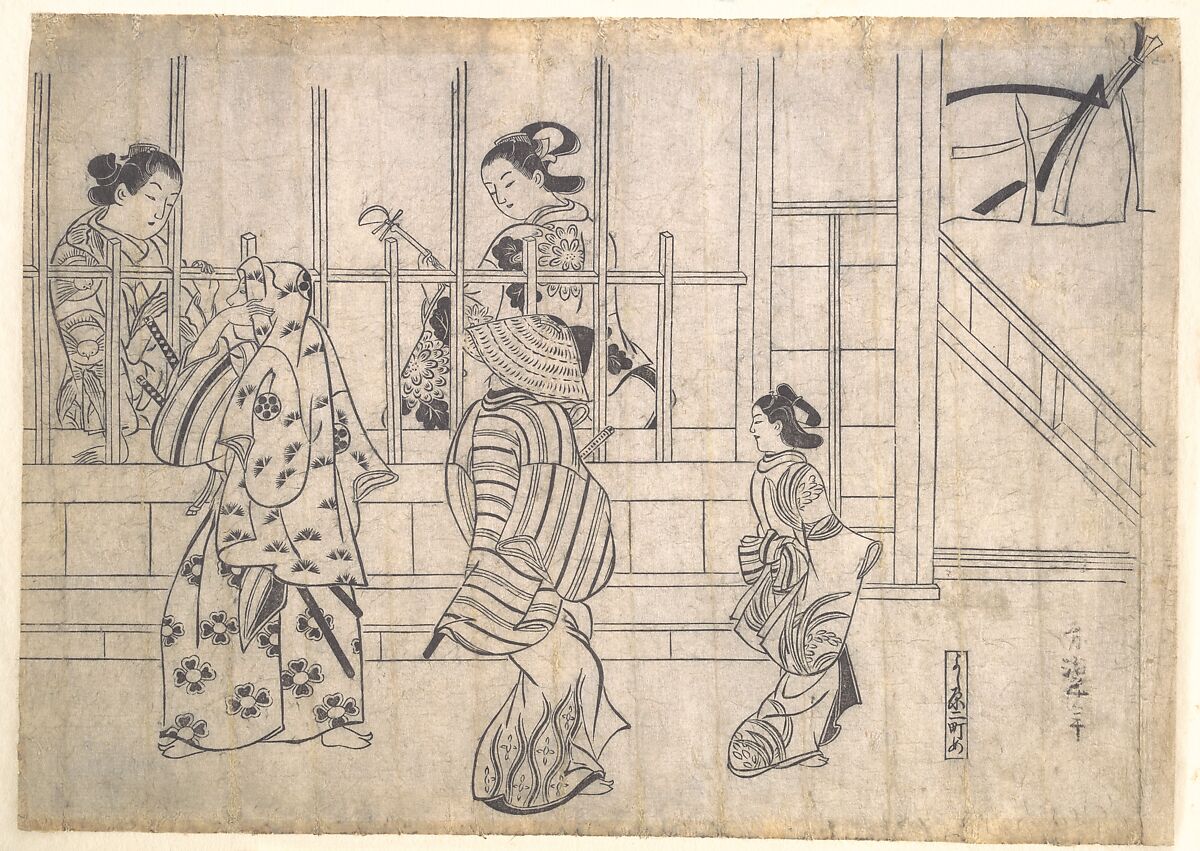 Street Scene in Yoshiwara, Hishikawa Moronobu 菱川師宣 (Japanese, 1618–1694), Monochrome woodblock print; ink on paper, Japan 
