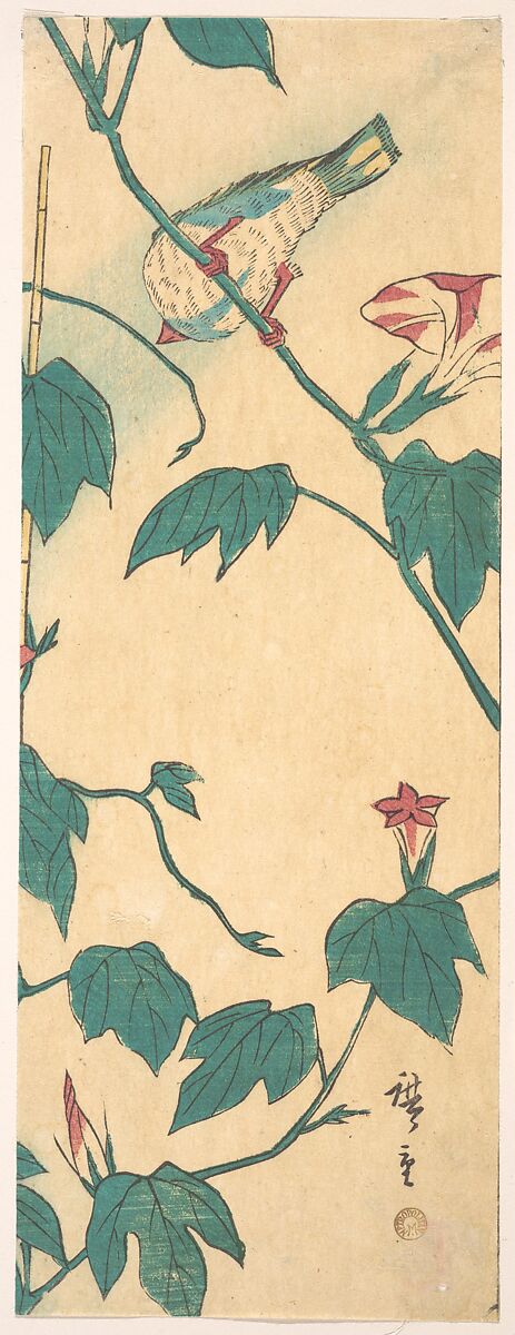 Morning Glories and Bird, Utagawa Hiroshige (Japanese, Tokyo (Edo) 1797–1858 Tokyo (Edo)), Woodblock print; ink and color on paper, Japan 