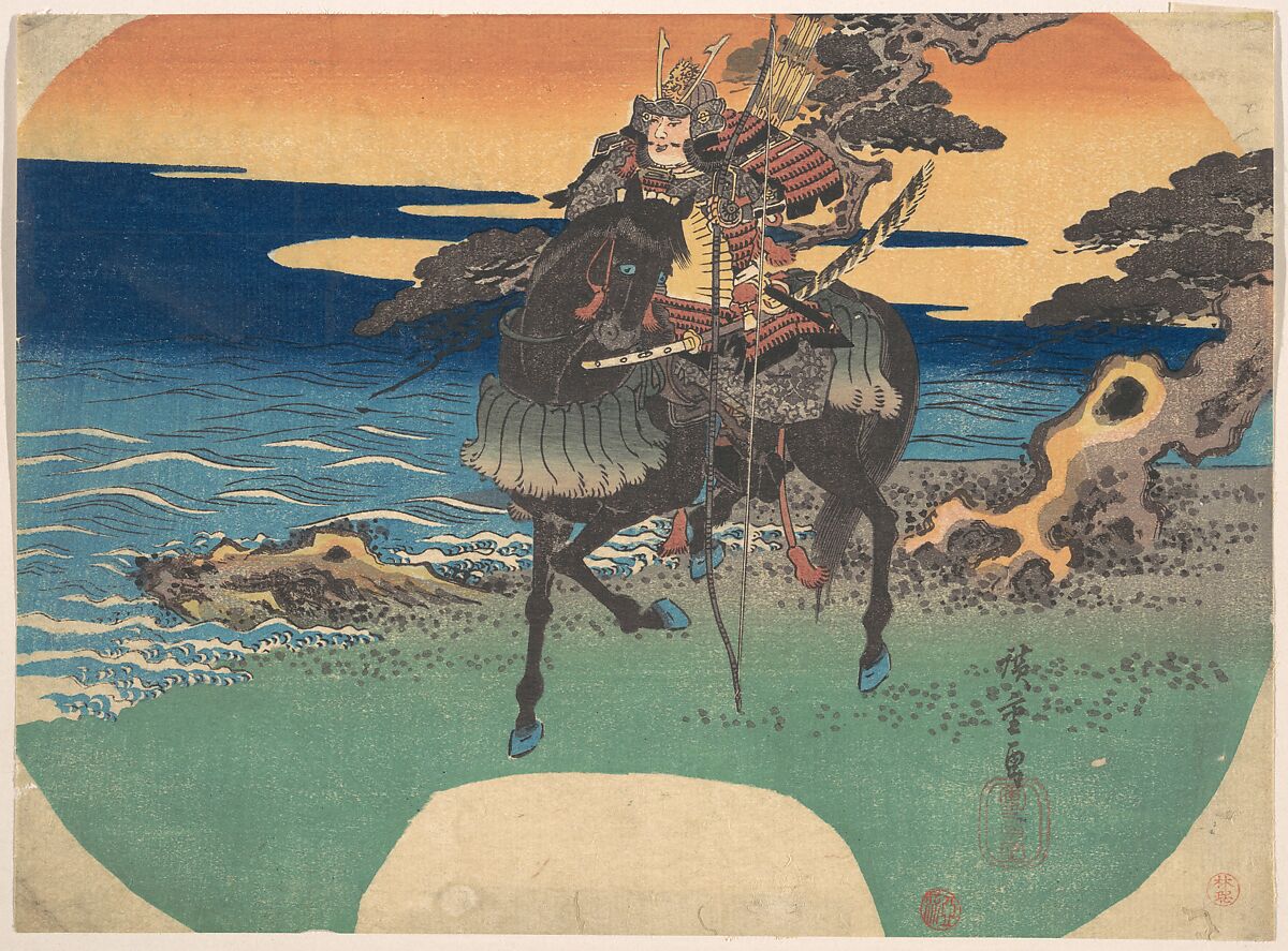 Warrior Riding Black Horse along the Sea Shore, Utagawa Hiroshige (Japanese, Tokyo (Edo) 1797–1858 Tokyo (Edo)), Woodblock print; ink and color on paper, Japan 