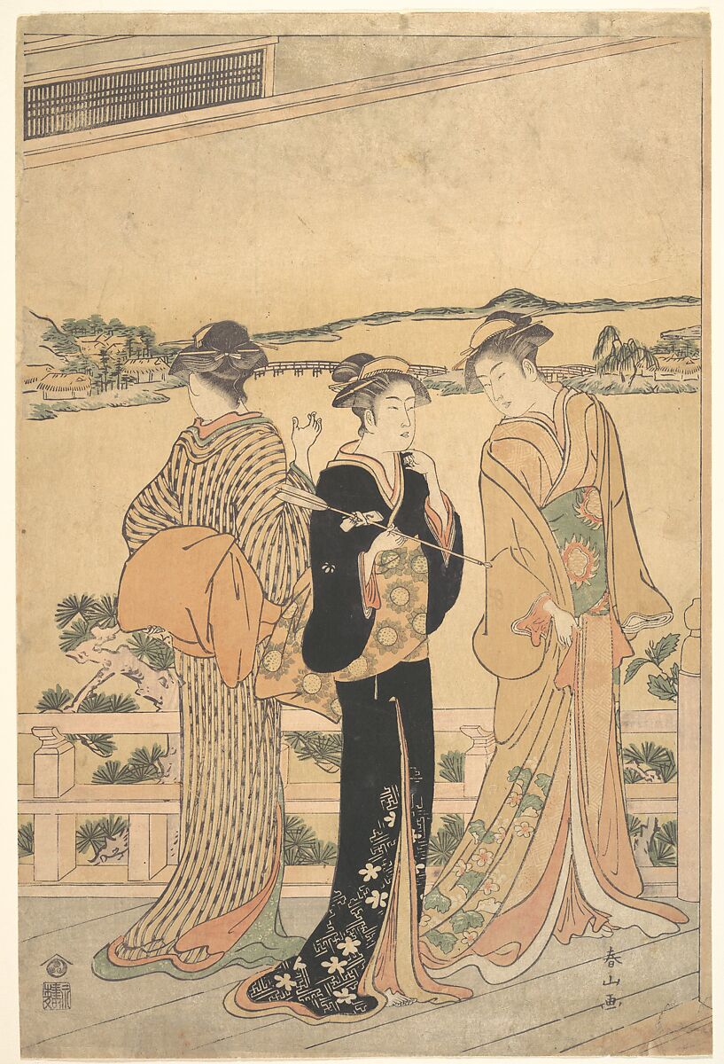 Three Women on a Veranda Overlooking a Bay, Katsukawa Shunzan (Japanese, active 1782–1798), Woodblock print; ink and color on paper, Japan 