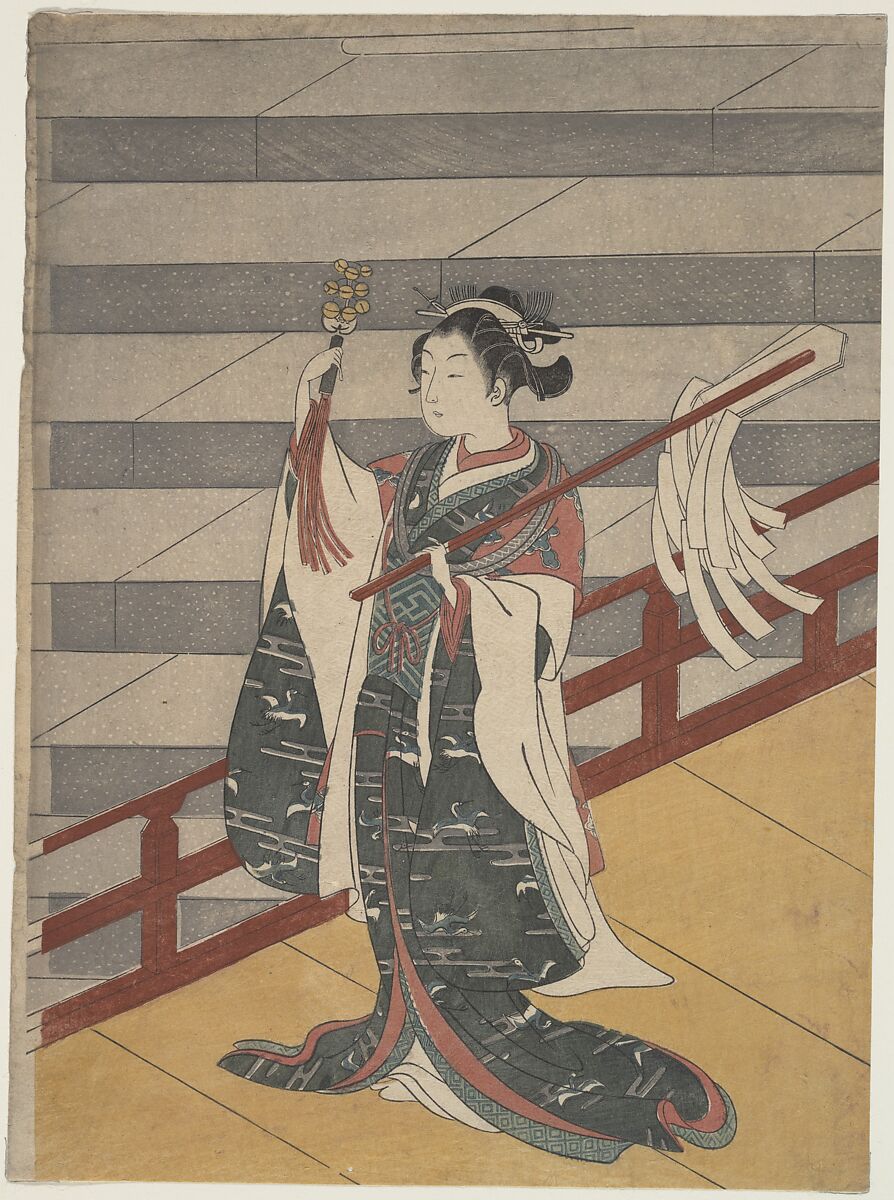 Girl on Balcony above Stone Stairway, Suzuki Harunobu (Japanese, 1725–1770), Woodblock print; ink and color on paper, Japan 