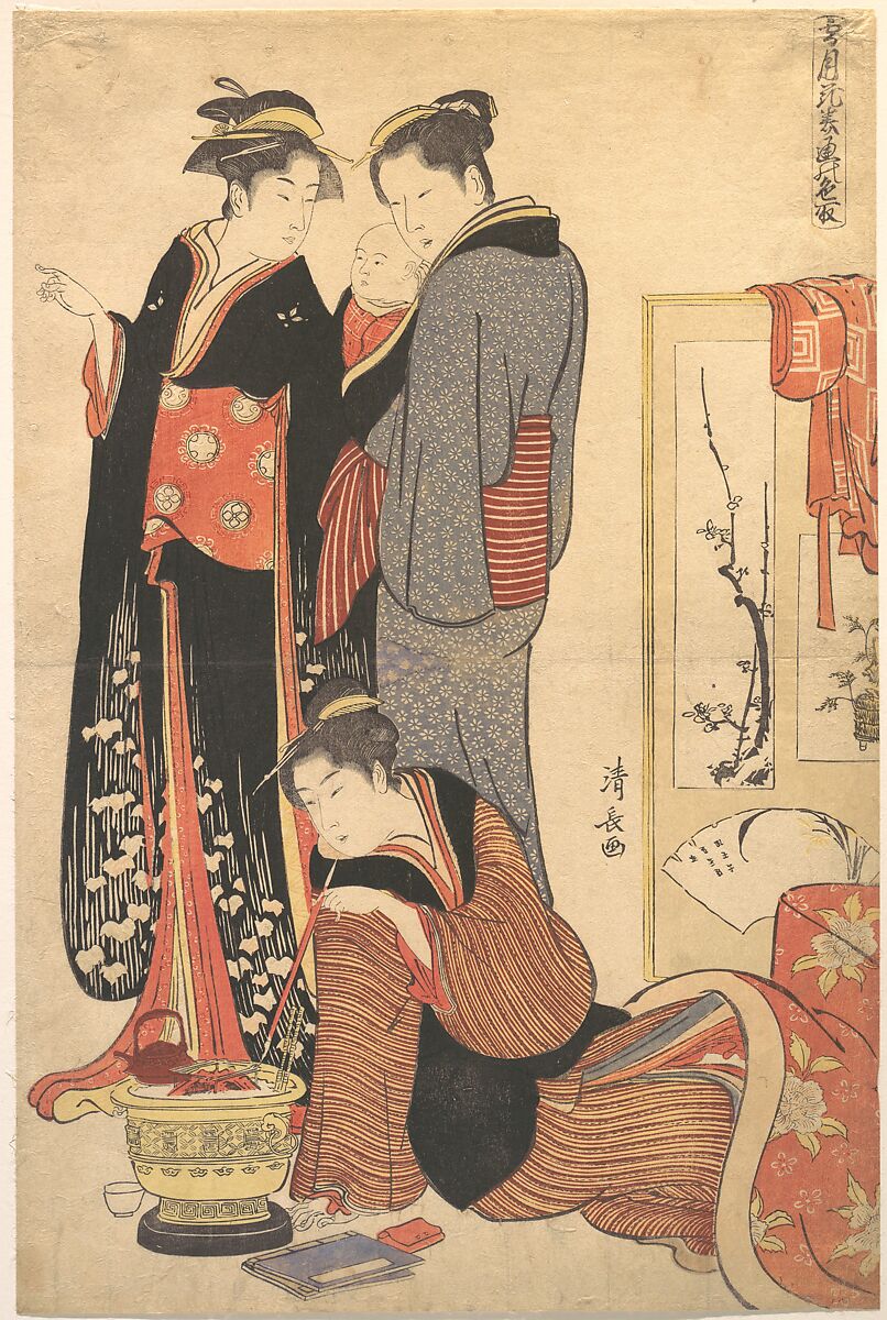 Two Women Standing, Holding a Child, Torii Kiyonaga (Japanese, 1752–1815), Woodblock print; ink and color on paper, Japan 