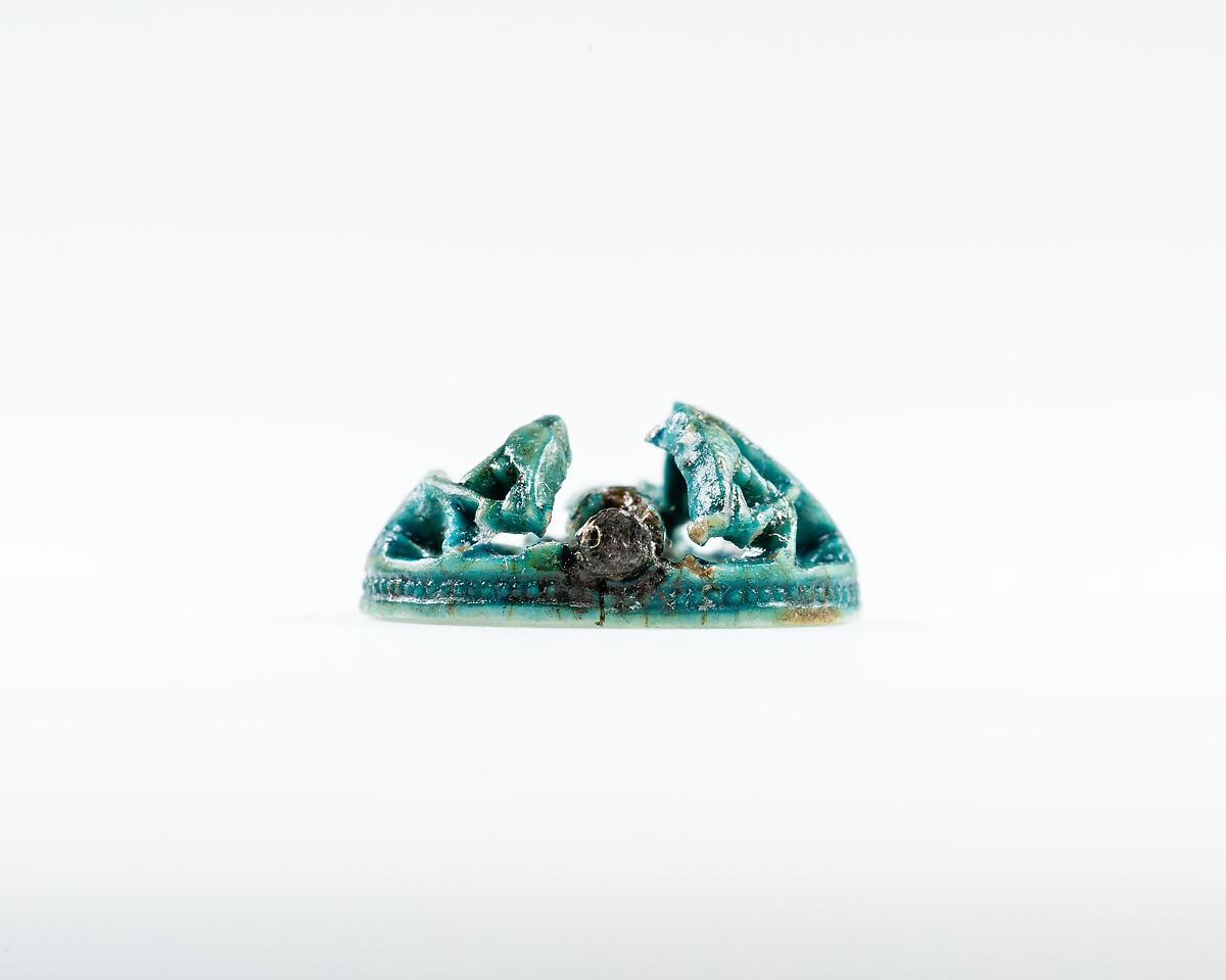 Button seal with the cartouches of Senwosret III, Green glazed steatite, metal pin in boring