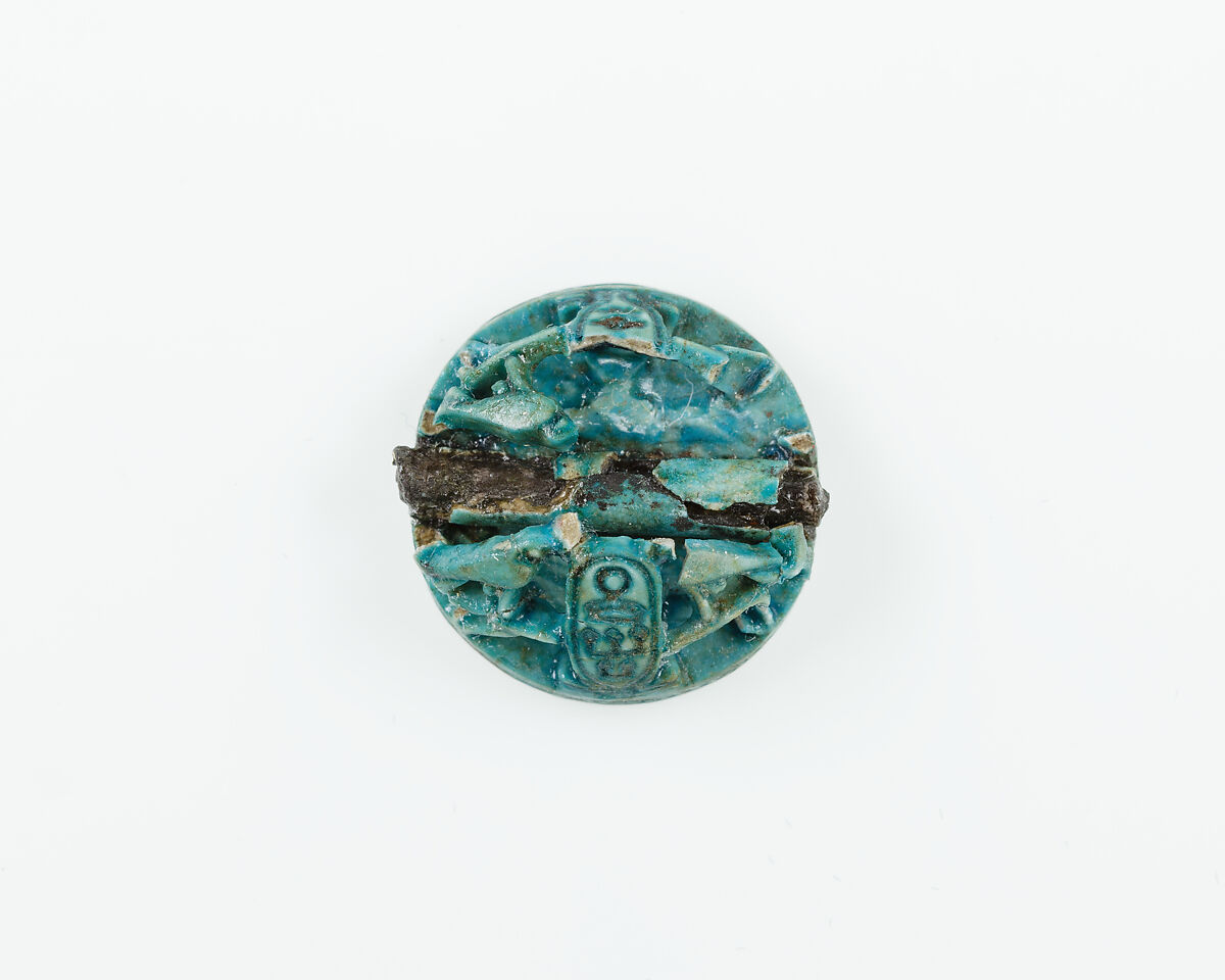 Button seal with the cartouches of Senwosret III, Green glazed steatite, metal pin in boring