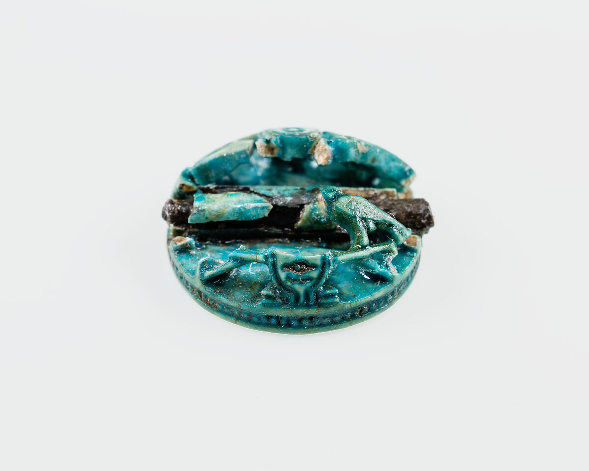 Button seal with the cartouches of Senwosret III, Green glazed steatite, metal pin in boring