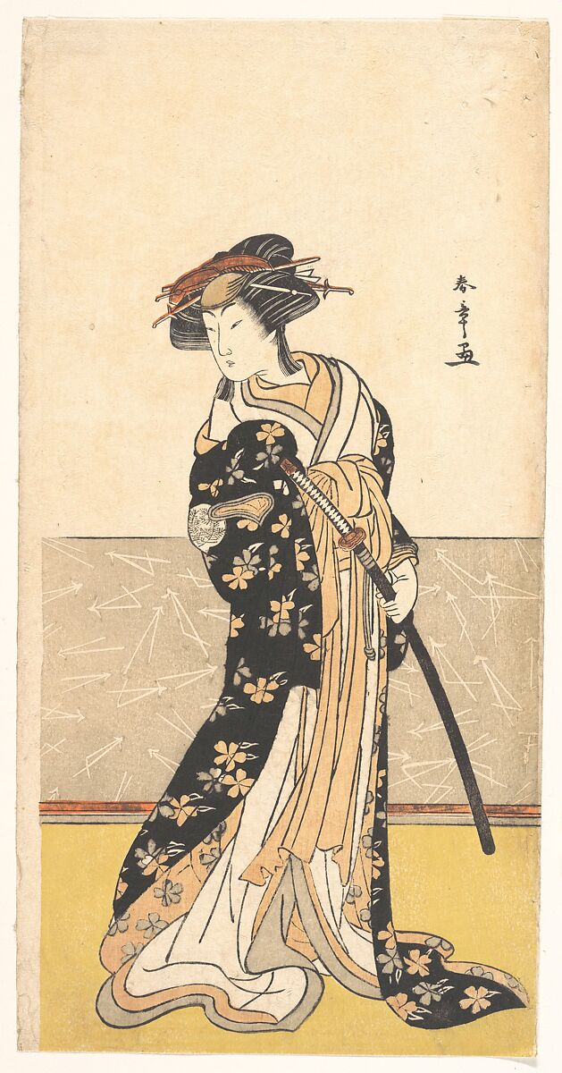 The Actor Nakamura Rikō, as a Courtesan with a Sword, Katsukawa Shunshō　勝川春章 (Japanese, 1726–1792), Woodblock print (nishiki-e); ink and color on paper, Japan 