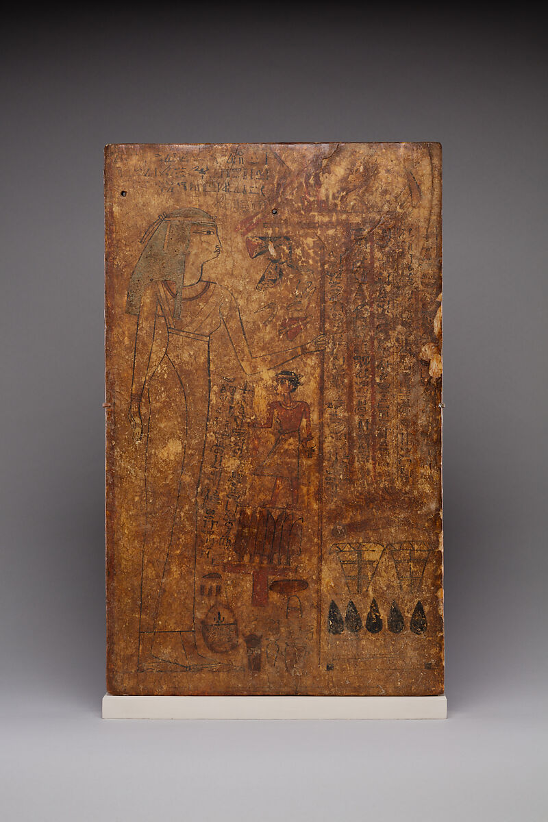 Writing board stela of Ita, usurped by Hetepi, Sycomore, plaster, paint 