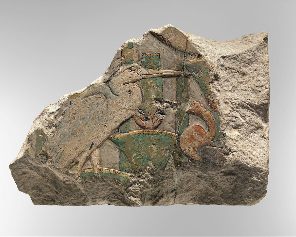 Relief Fragment with Two Birds in the Papyrus Thicket, Limestone, paint 