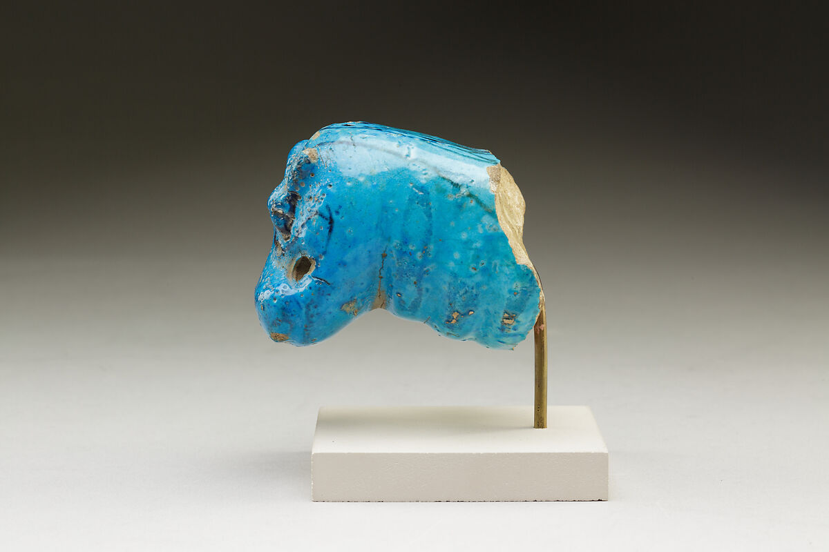 Hippopotamus head figurine, Blue faience