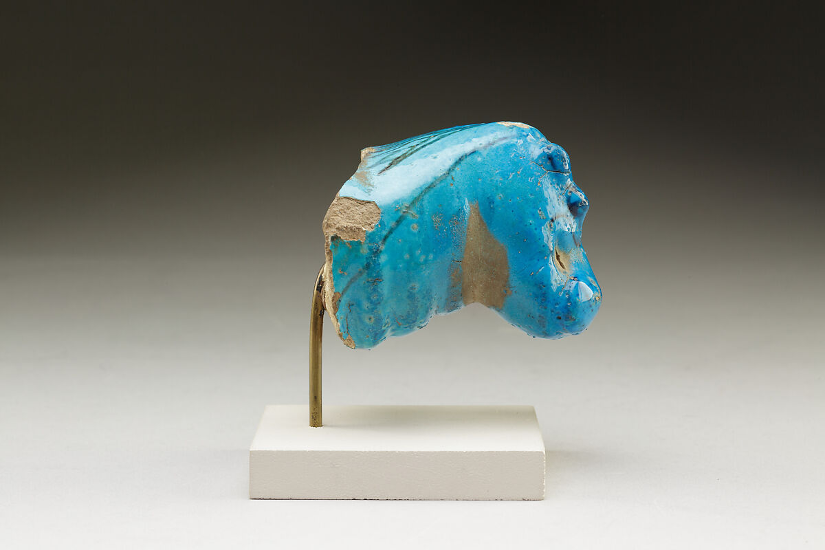 Hippopotamus head figurine, Blue faience