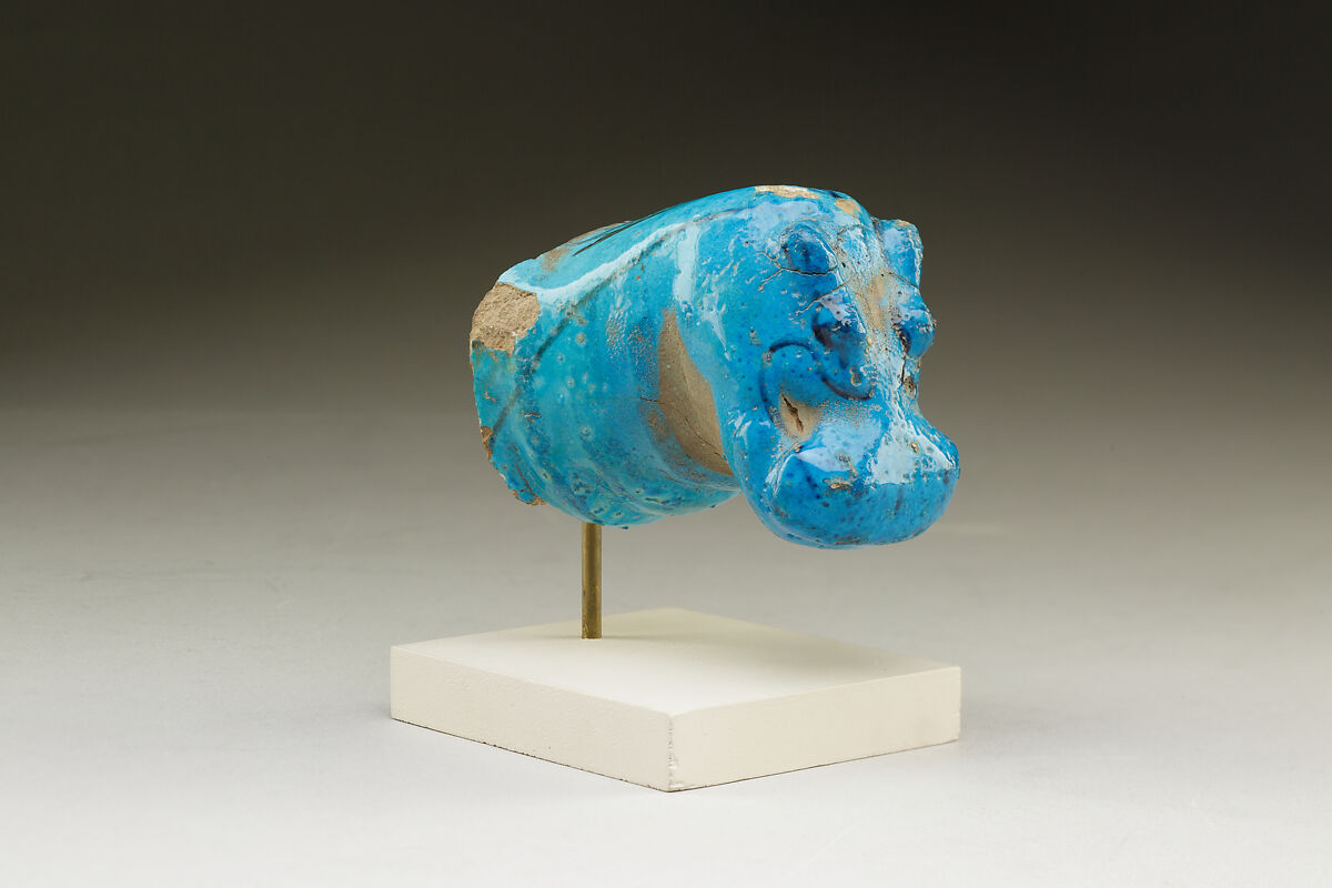 Hippopotamus head figurine, Blue faience