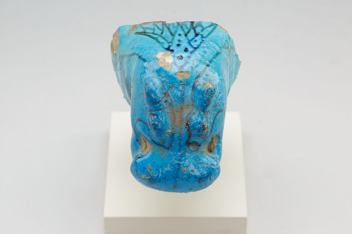 Hippopotamus head figurine, Blue faience