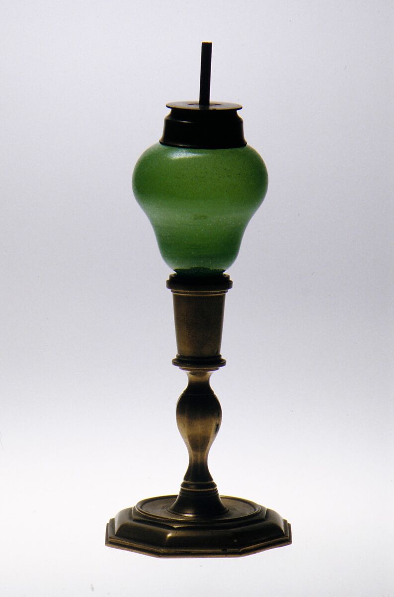 Peg Lamp, Pressed green glass, brass 