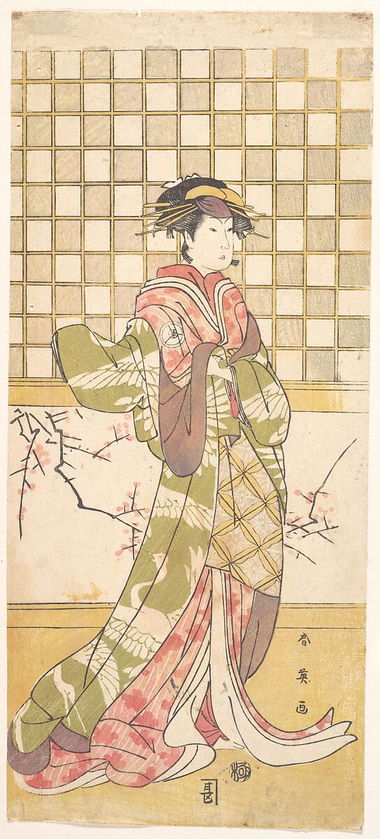 An Actor of the Iwai Clan as a Woman, Katsukawa Shun&#39;ei 勝川春英 (Japanese, 1762–1819), Woodblock print; ink and color on paper, Japan 